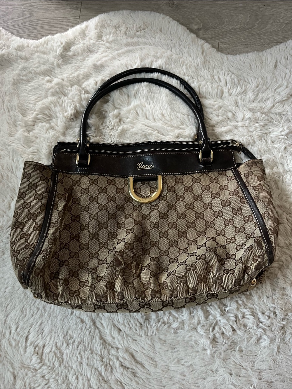 Gucci Brown GG Canvas Shoulder Bag with Dark Brown Trim